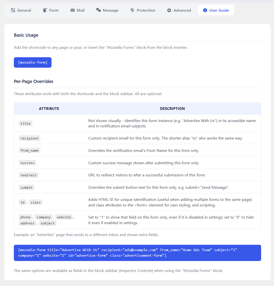 User Guide: getting started, block and shortcode usage, and supported attributes.