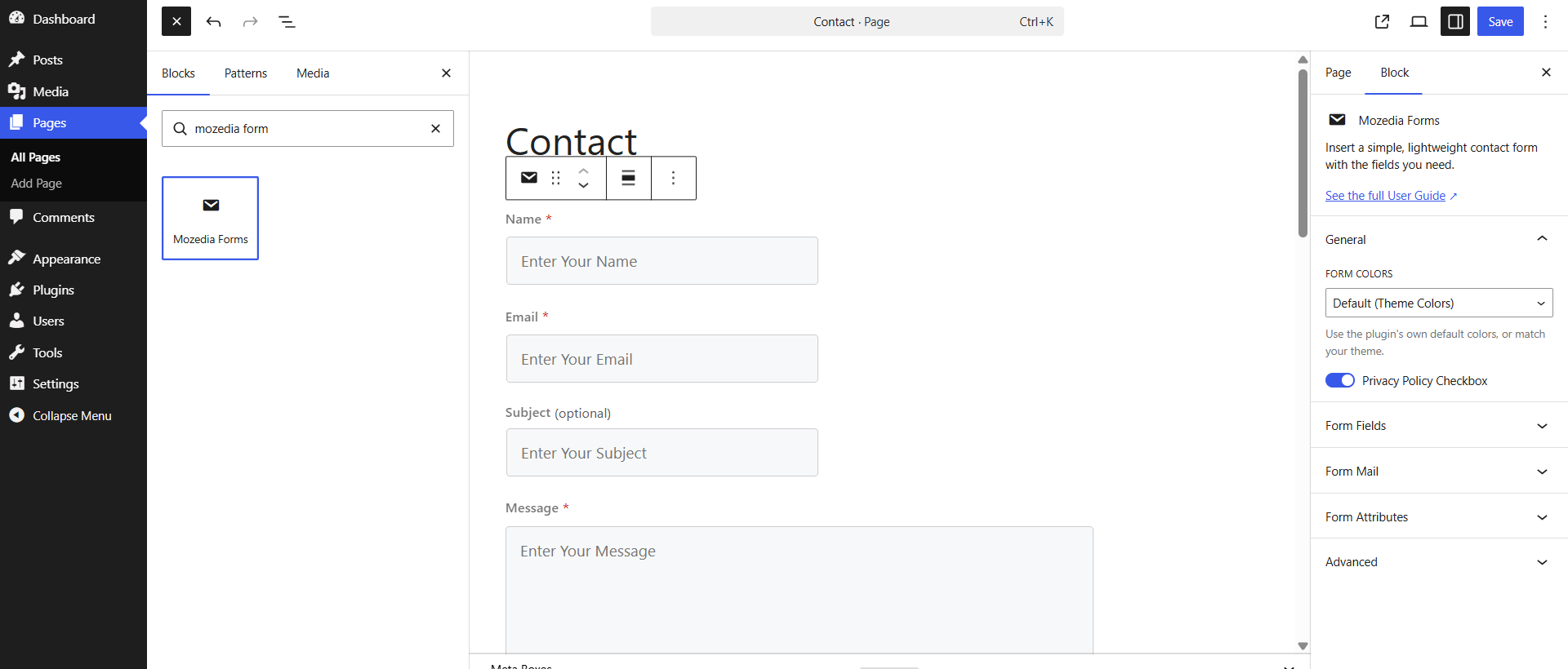 Mozedia Forms block with sidebar settings in the block editor.