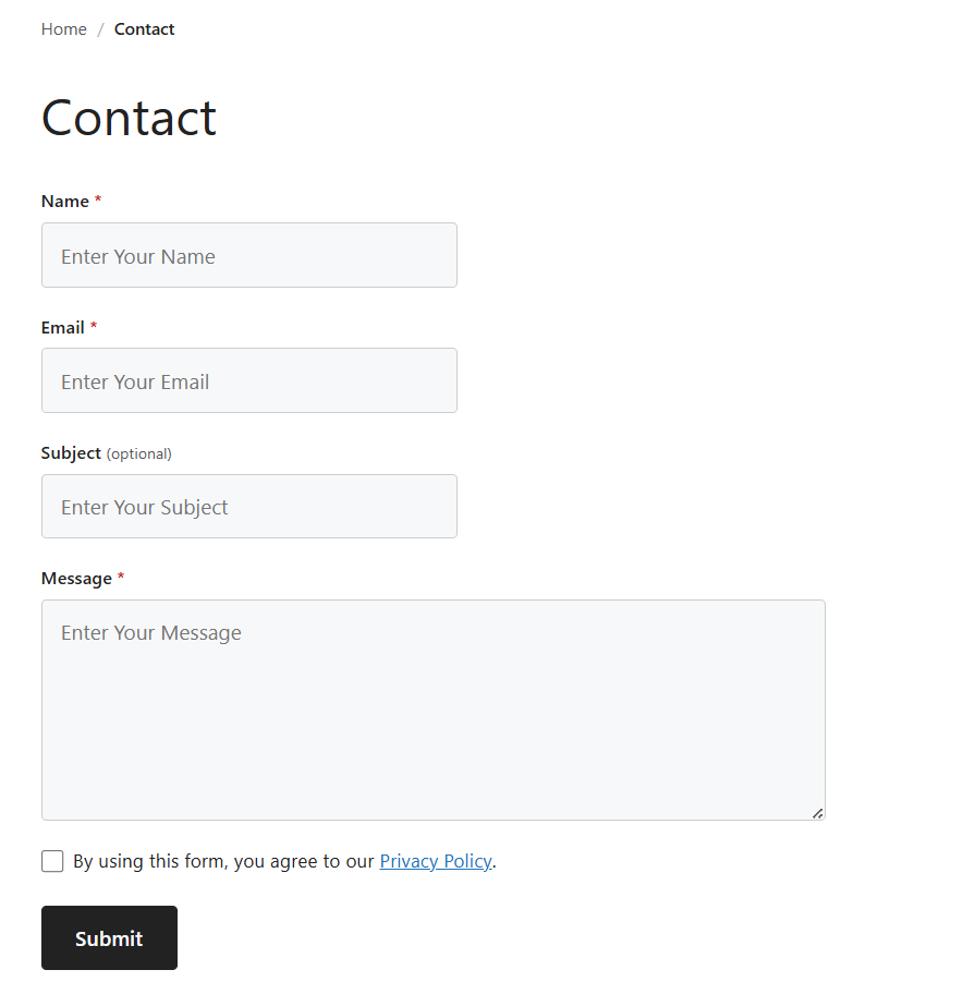 The contact form displayed on the frontend.