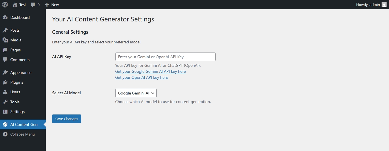 Plugin Settings Page: Screenshot of the AI Content Gen settings page showing API key input and model selection.