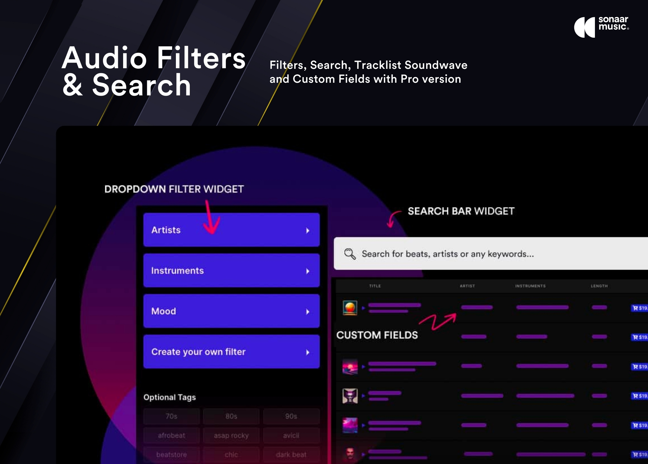 Audio Filters &amp; Search: Filters, Search, Tracklist Soundwaves and Custom Fields with Pro version