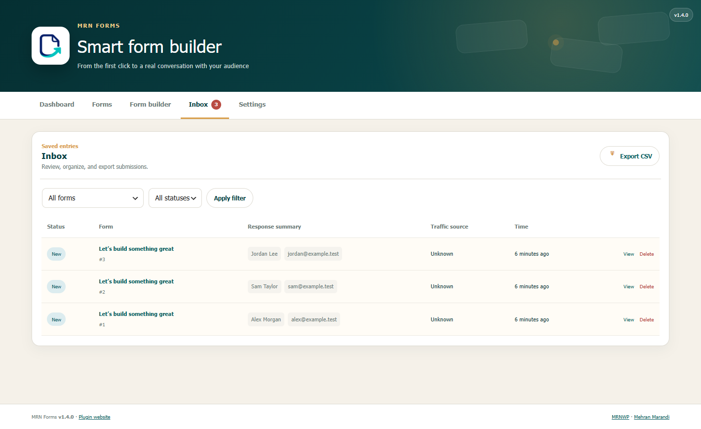 Entry inbox with traffic source, status, and export controls.
