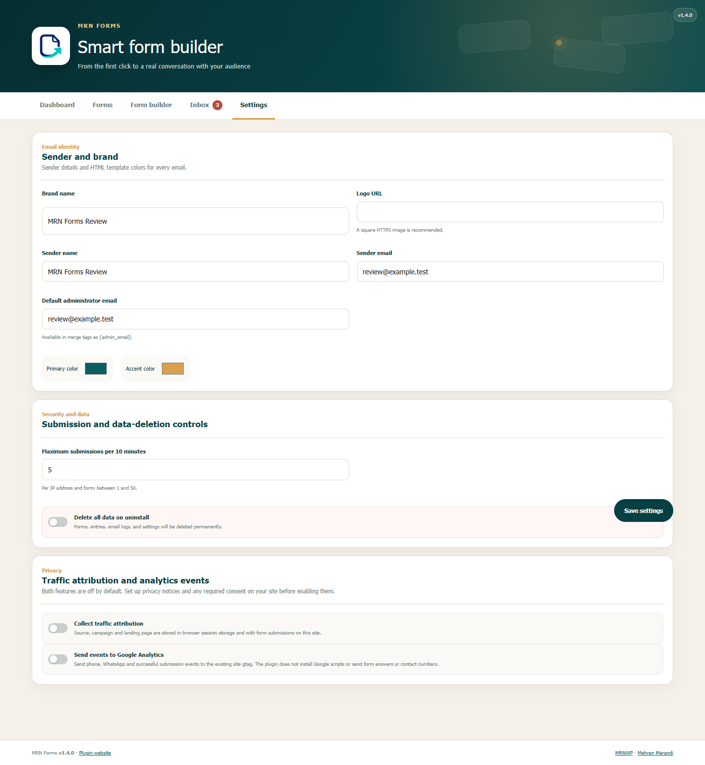 Email settings and optional attribution and analytics controls.