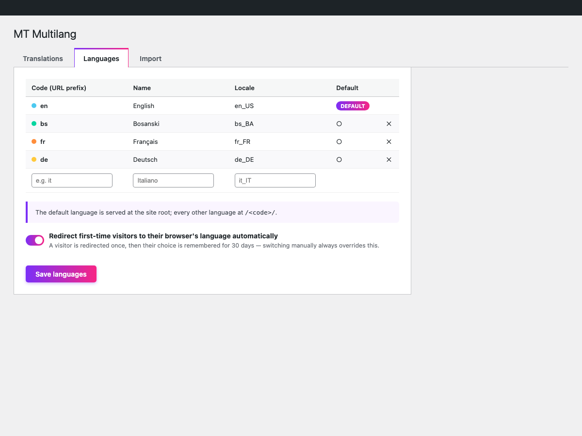 Languages settings — add unlimited languages, pick the default, and turn on automatic browser-language redirection for first-time visitors.
