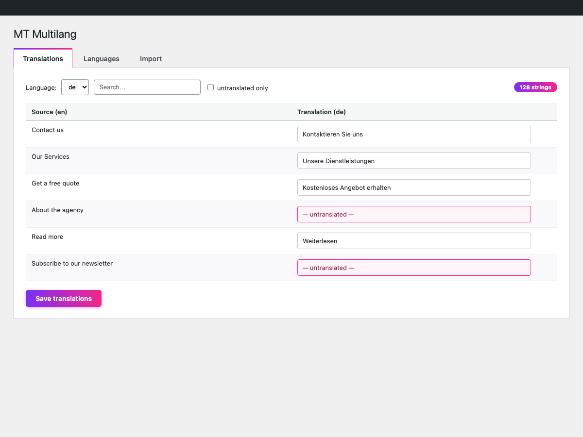 Translations editor — every string discovered on the front end lands here automatically; edit and save per language.