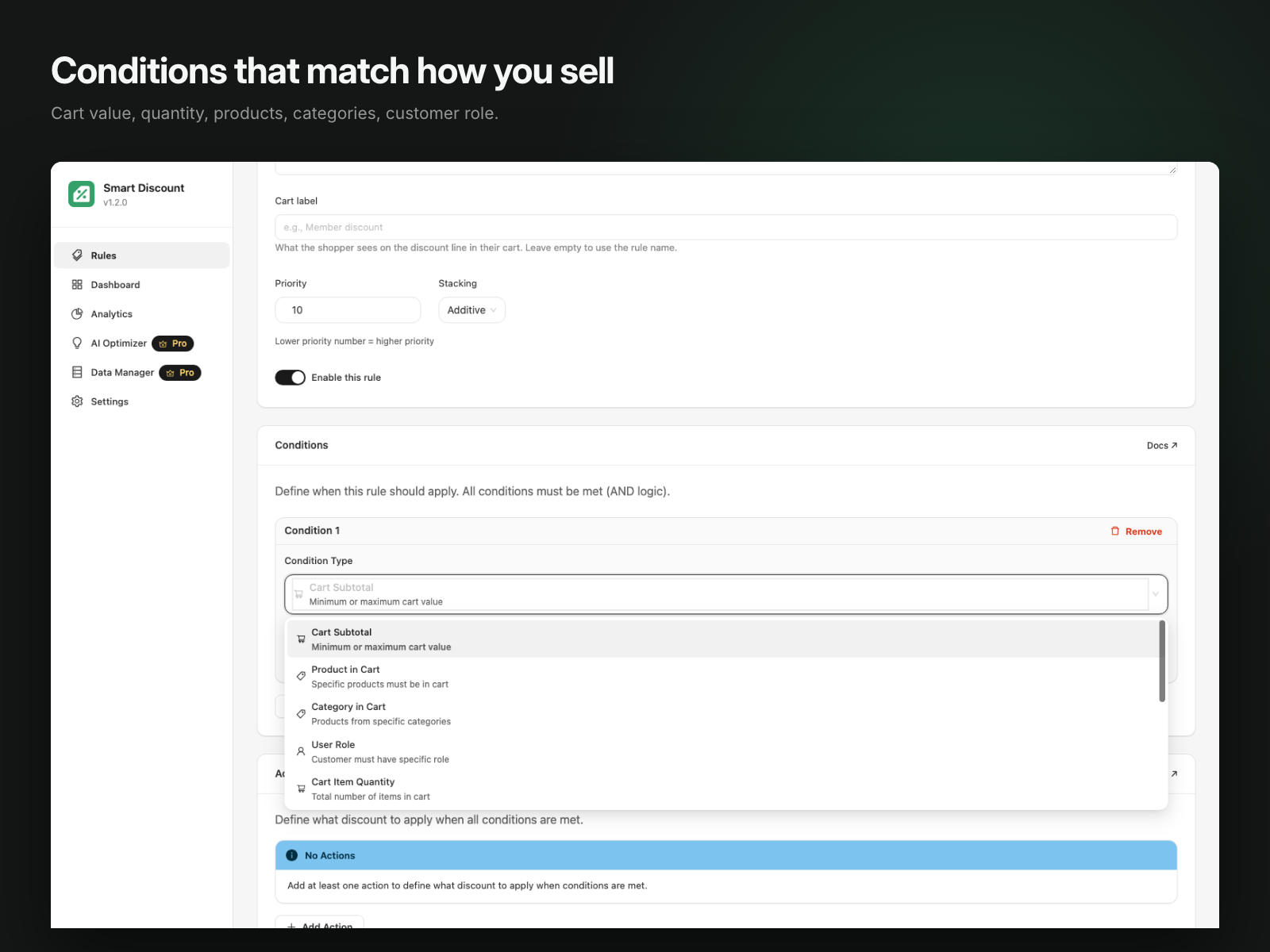 Conditions grouped the way you think: cart subtotal, item quantity, products, categories, customer role, and more