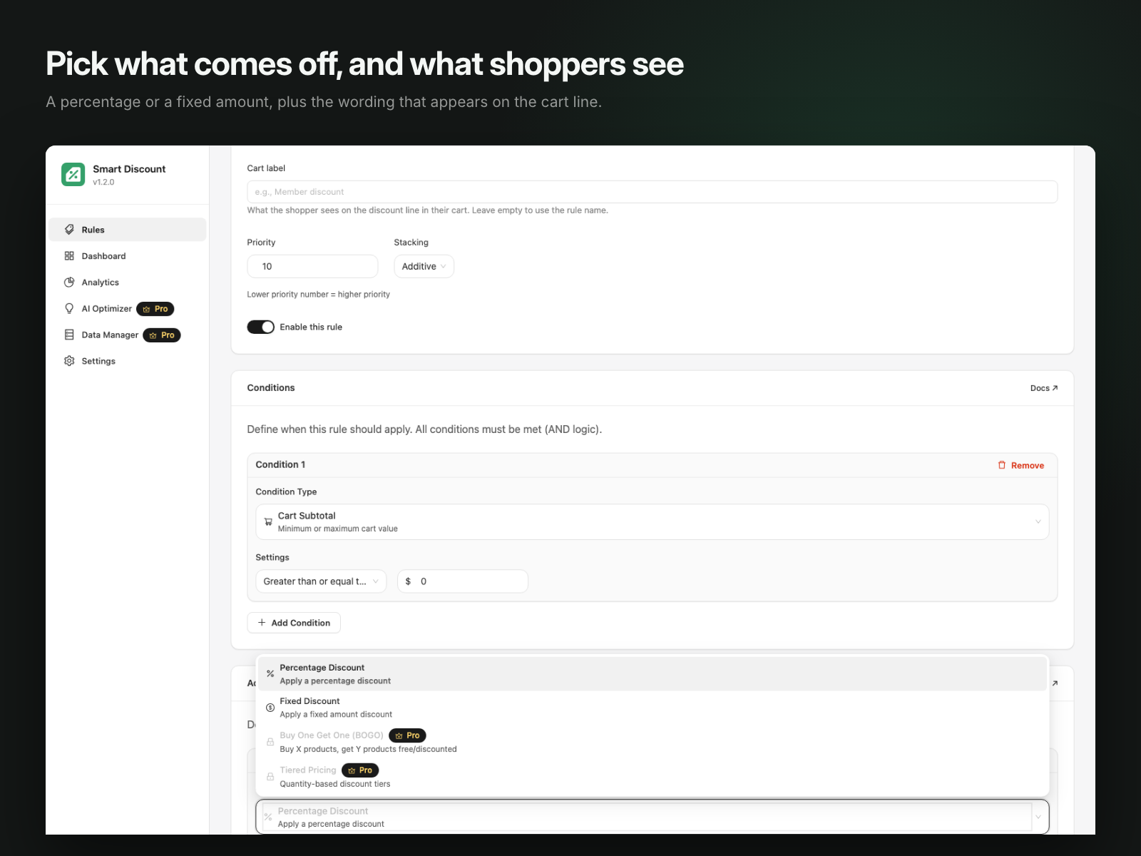 Every kind of discount, plus the wording the shopper sees on the cart line