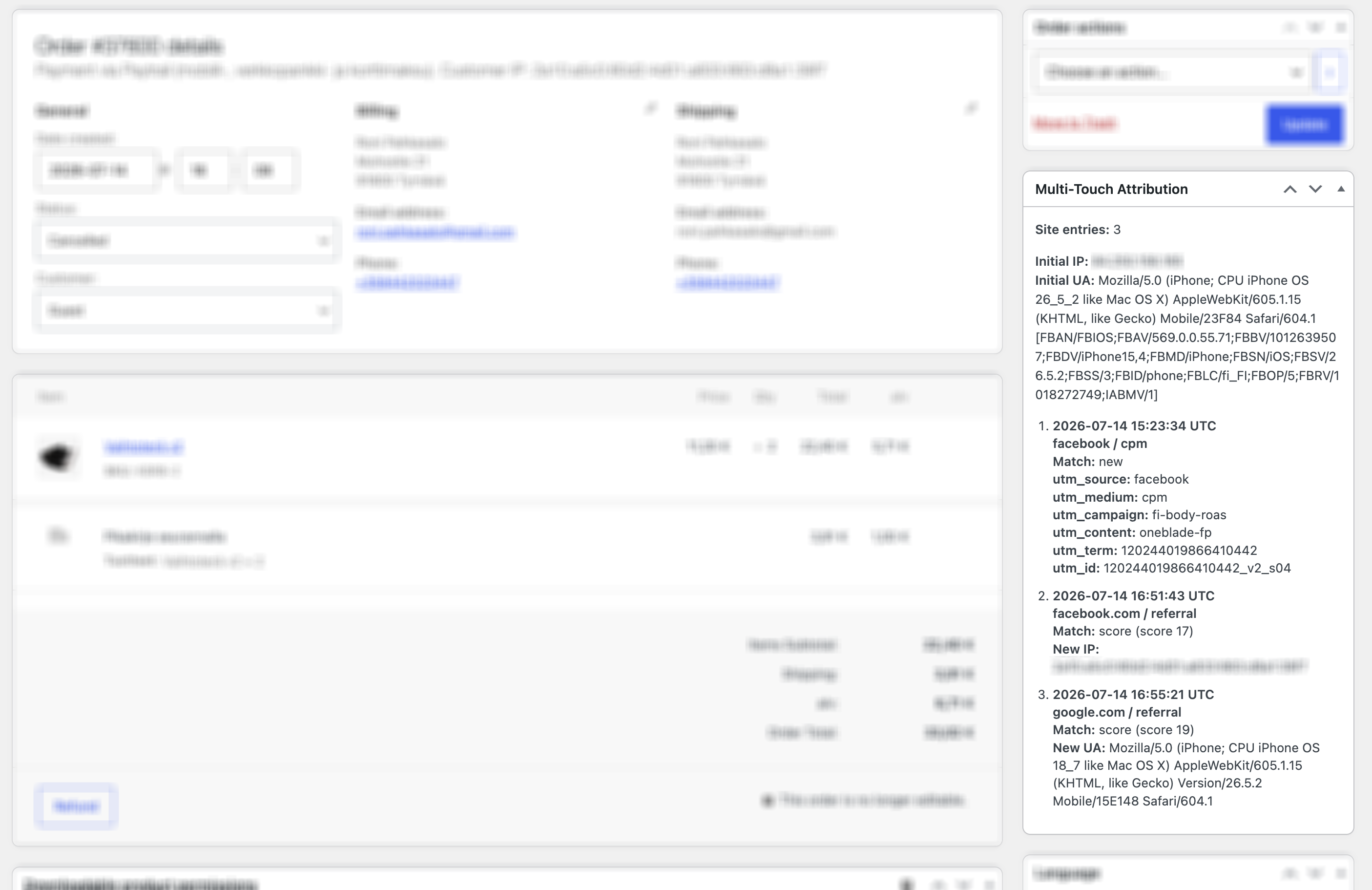 Order attribution path - View every recorded visit for a WooCommerce order, including its source, medium, campaign details, time, and visitor match information.