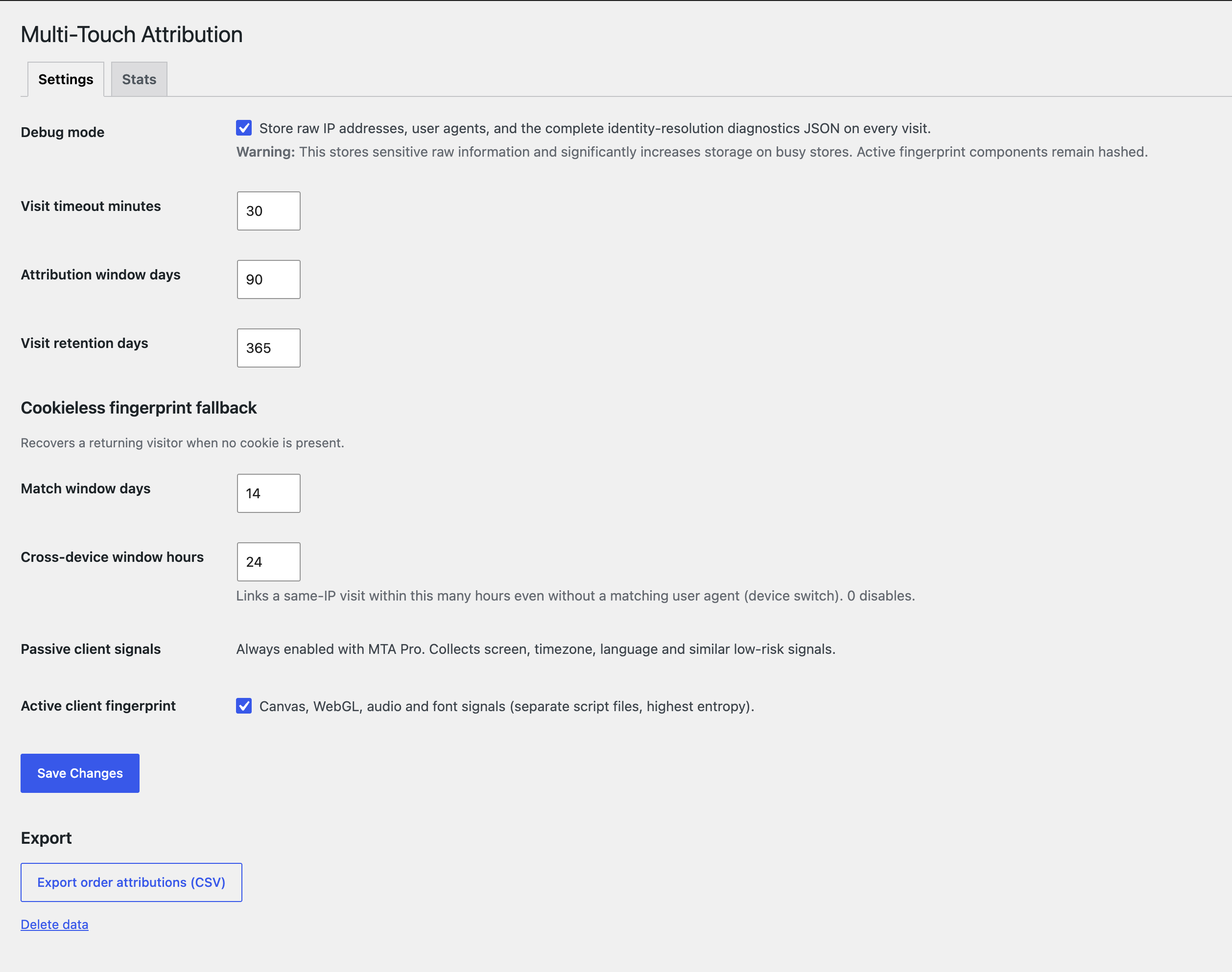 Attribution settings - Choose attribution windows, visit retention, diagnostics, advanced fingerprint visitor matching (Pro only), and CSV exports.