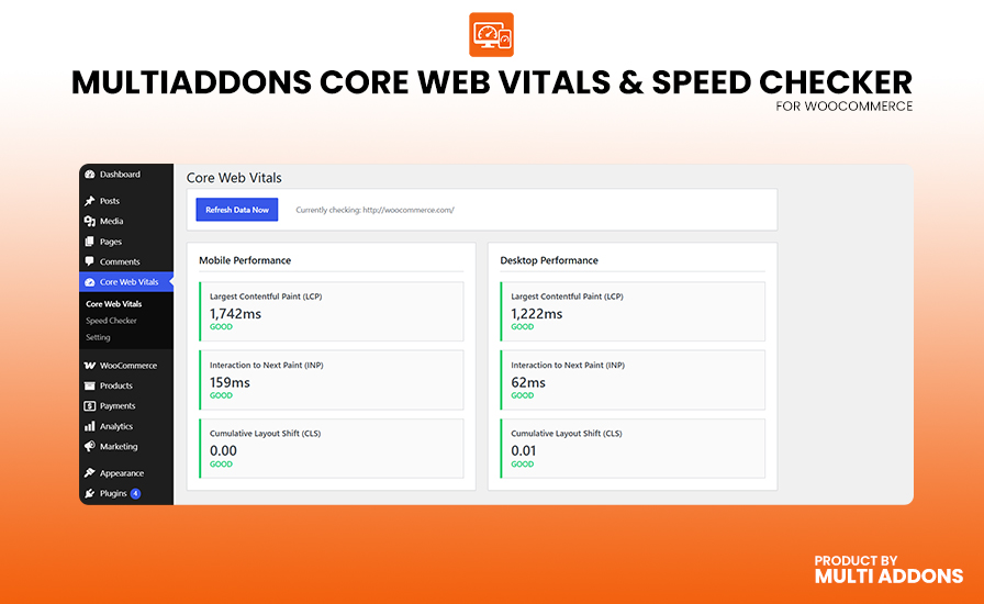 The WordPress admin dashboard widget showing Mobile and Desktop Core Web Vitals (LCP, INP, CLS) with color-coded Good / Needs Improvement / Poor status badges.