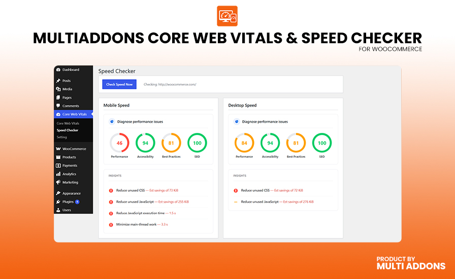 The full Core Web Vitals admin page with detailed metric cards for Mobile Performance and Desktop Performance.