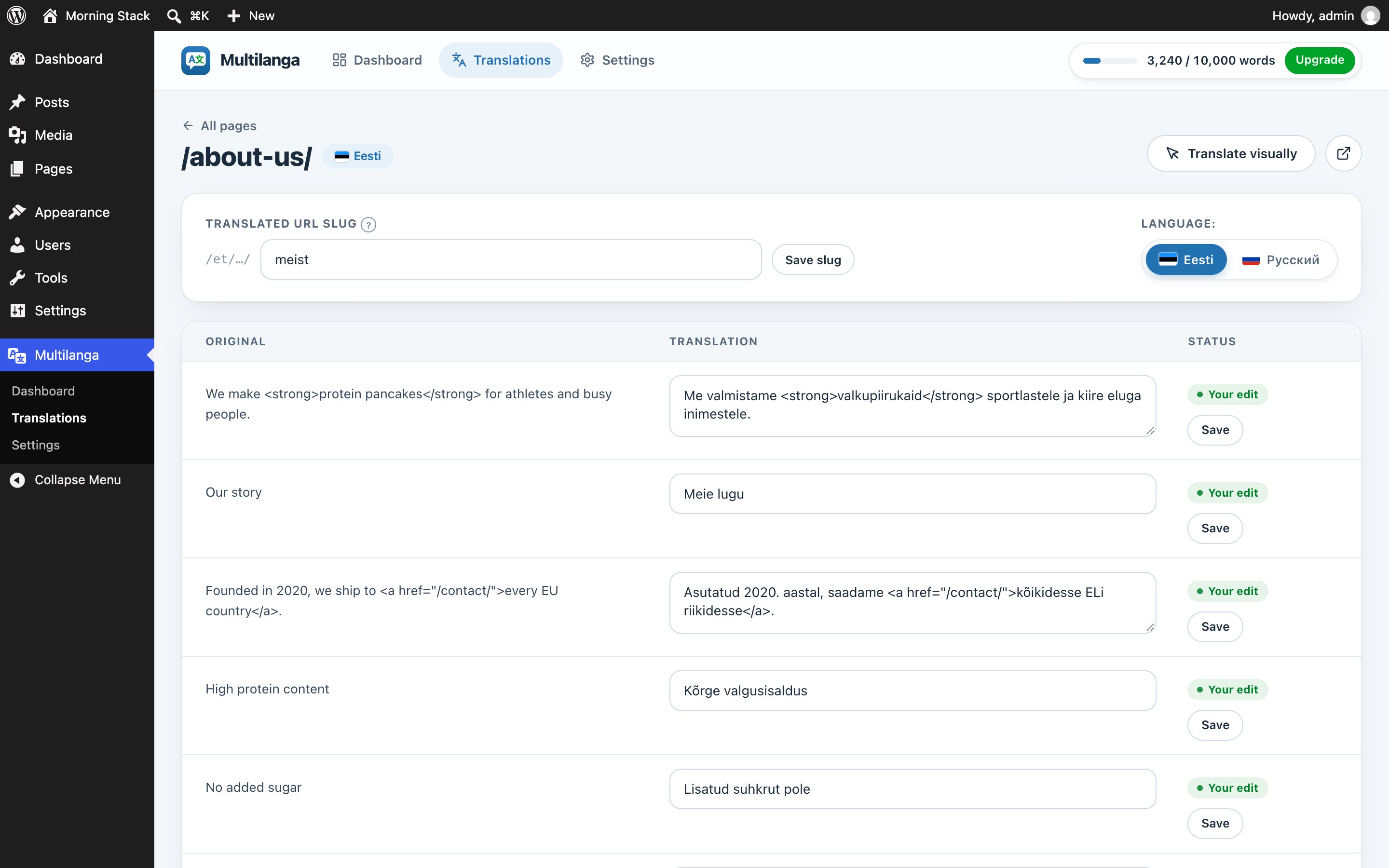 Page editor: every element side by side with the original; AI translations and your own edits are marked clearly.