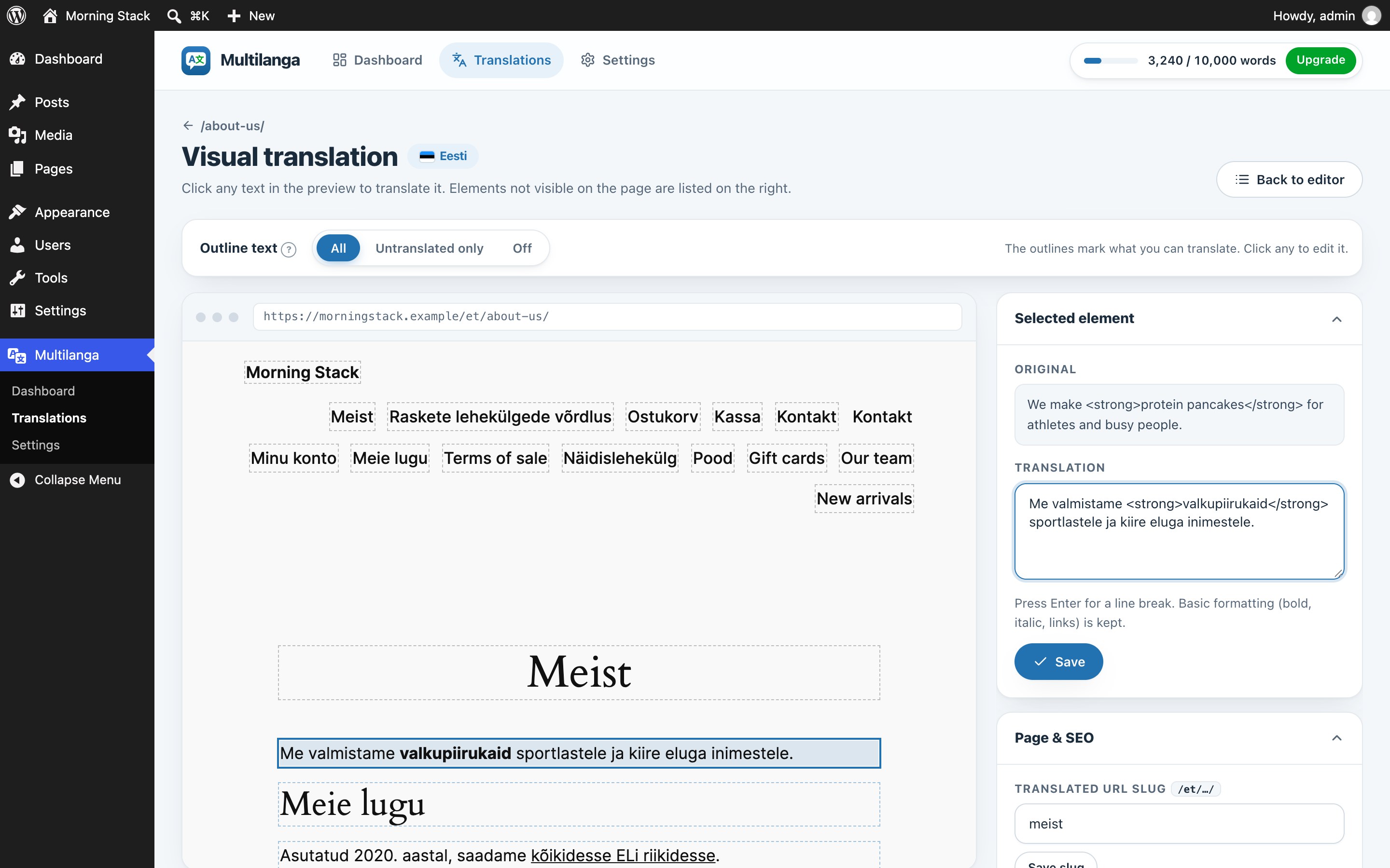 Visual editor: click any text in a live preview of the page to translate it in place, with a Page & SEO panel.