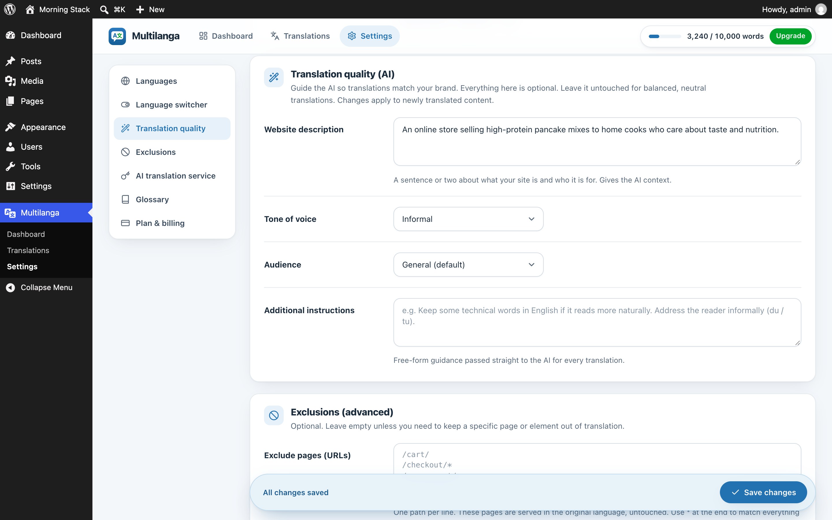 Translation quality (AI): describe your site, pick a tone of voice and audience, and add your own instructions.