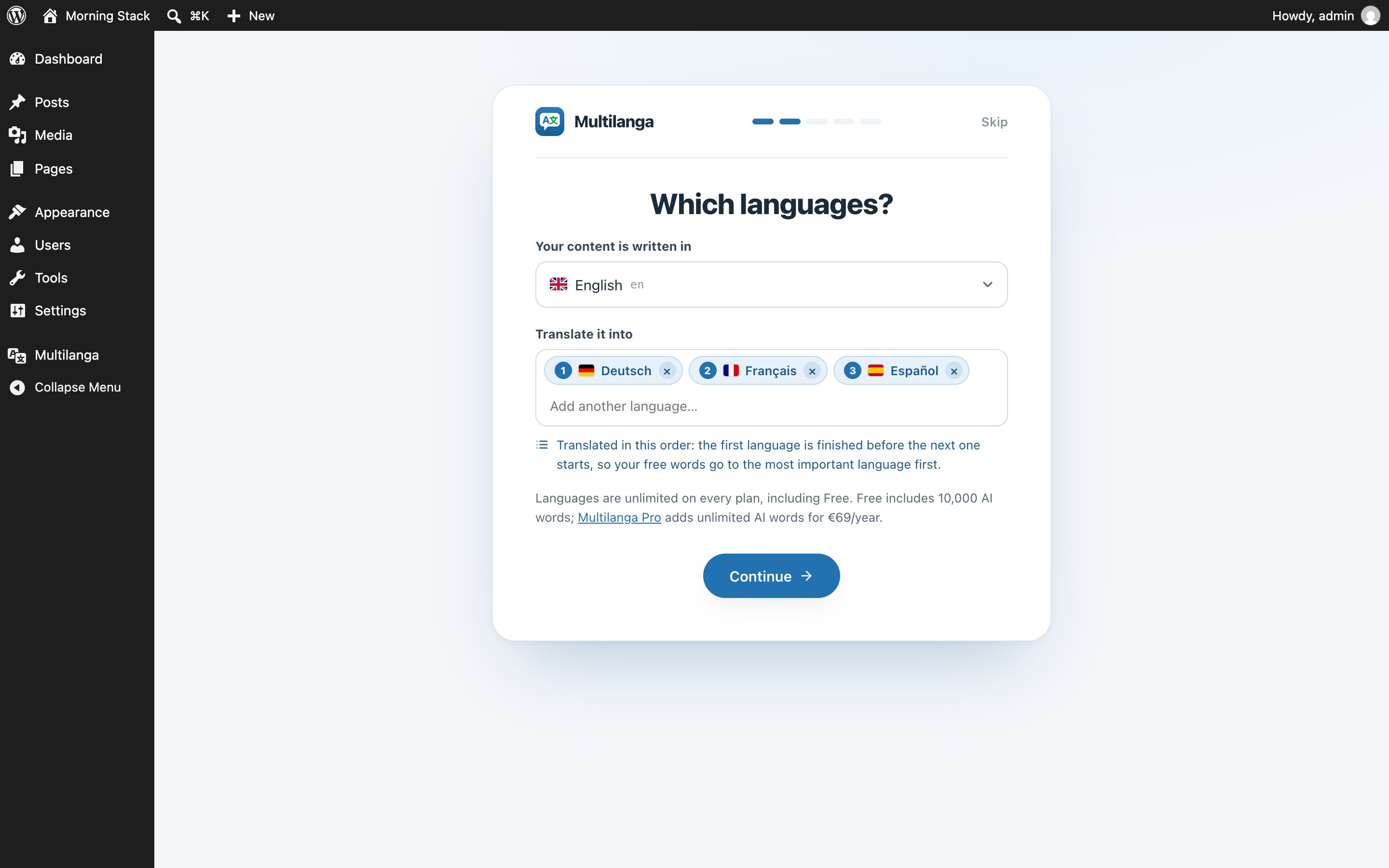 Setup wizard: pick several languages at once and translate your homepage in under a minute.