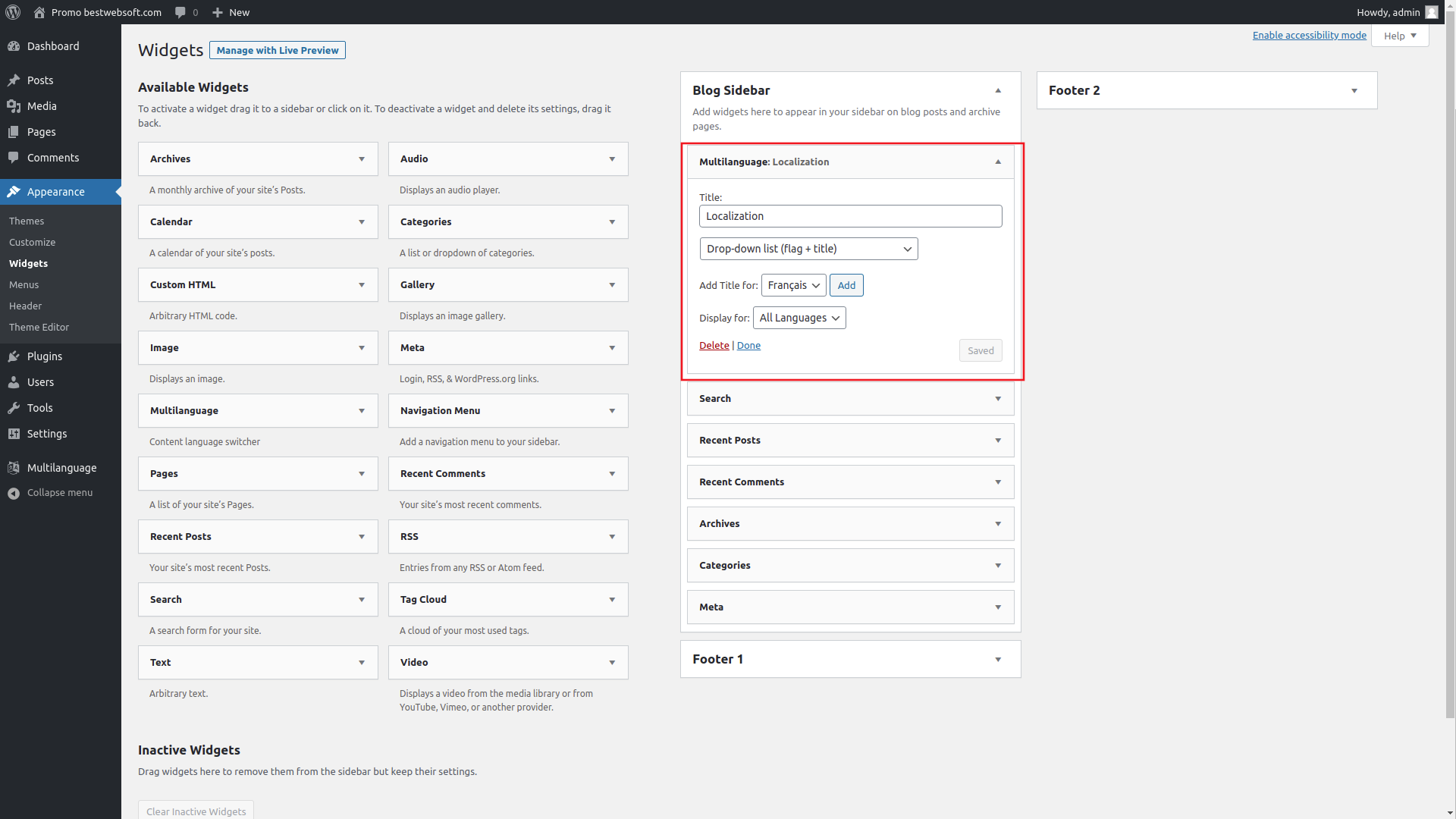 Adding and configuring language switcher widget in the admin panel.