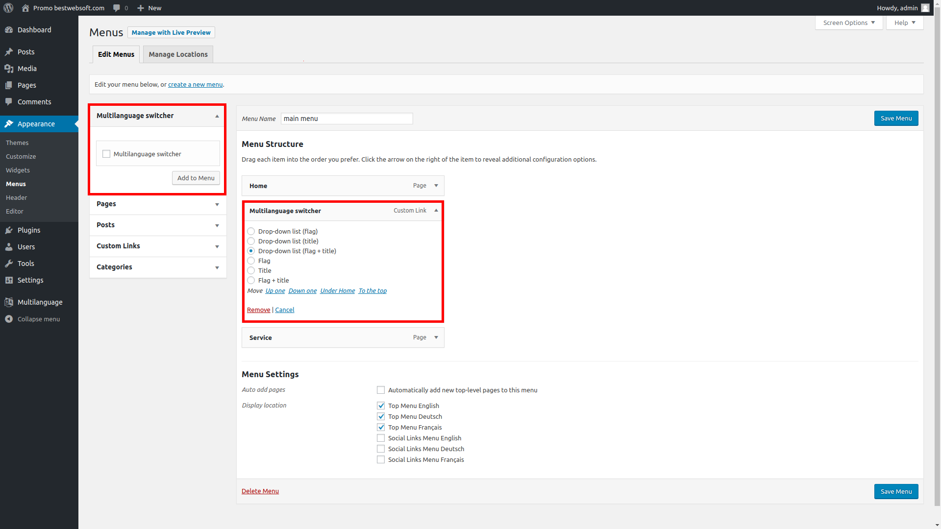 Adding language switcher into site menu.