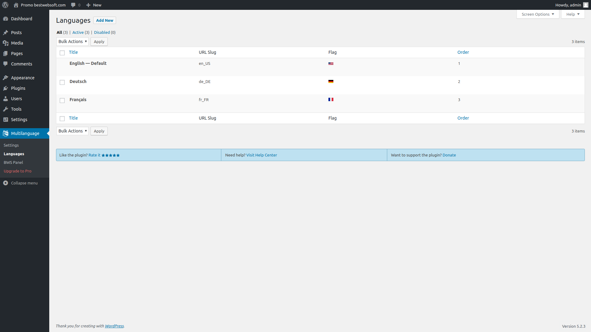 Plugin languages page.