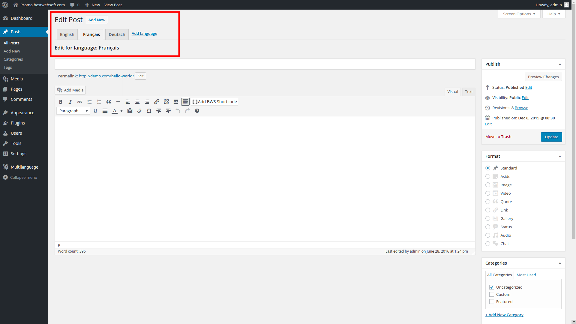 Post/page editor with translation tabs (Classic Editor).