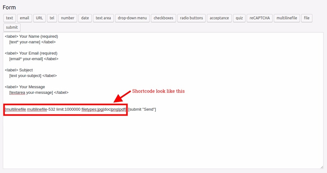 put generated shortcode in contactform, best place to put is before submit button