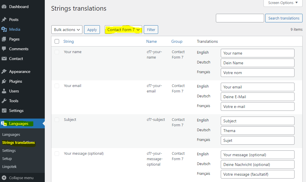 <p>Translate strings in the Polylang String translations</p>