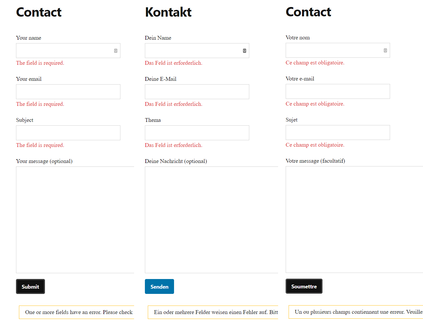 <p>Example contact form in different languages</p>