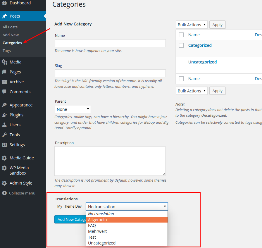 Translate a term directly from the <em>Add New Category</em> page.