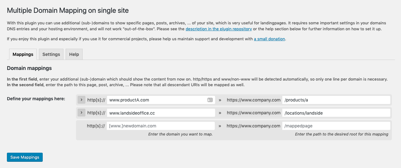 The main settings page configured with two additional domains for landingpages. No need to add multiple lines with www/non-www and http/https since version 1.0