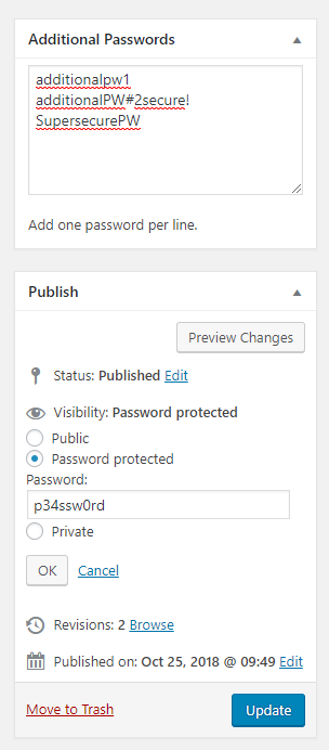 The meta box to add additional passwords in classic editor