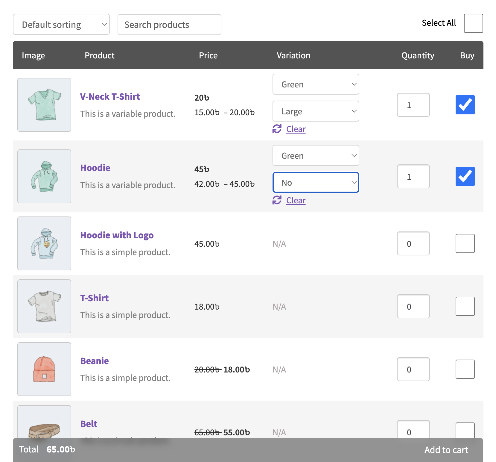 Product table with variation selected