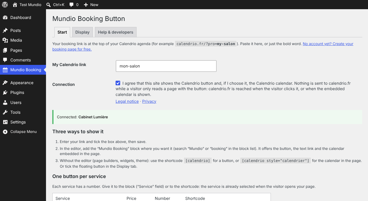 Start tab: paste your Calendrio link and tick the connection box. Your business name and your services appear.
