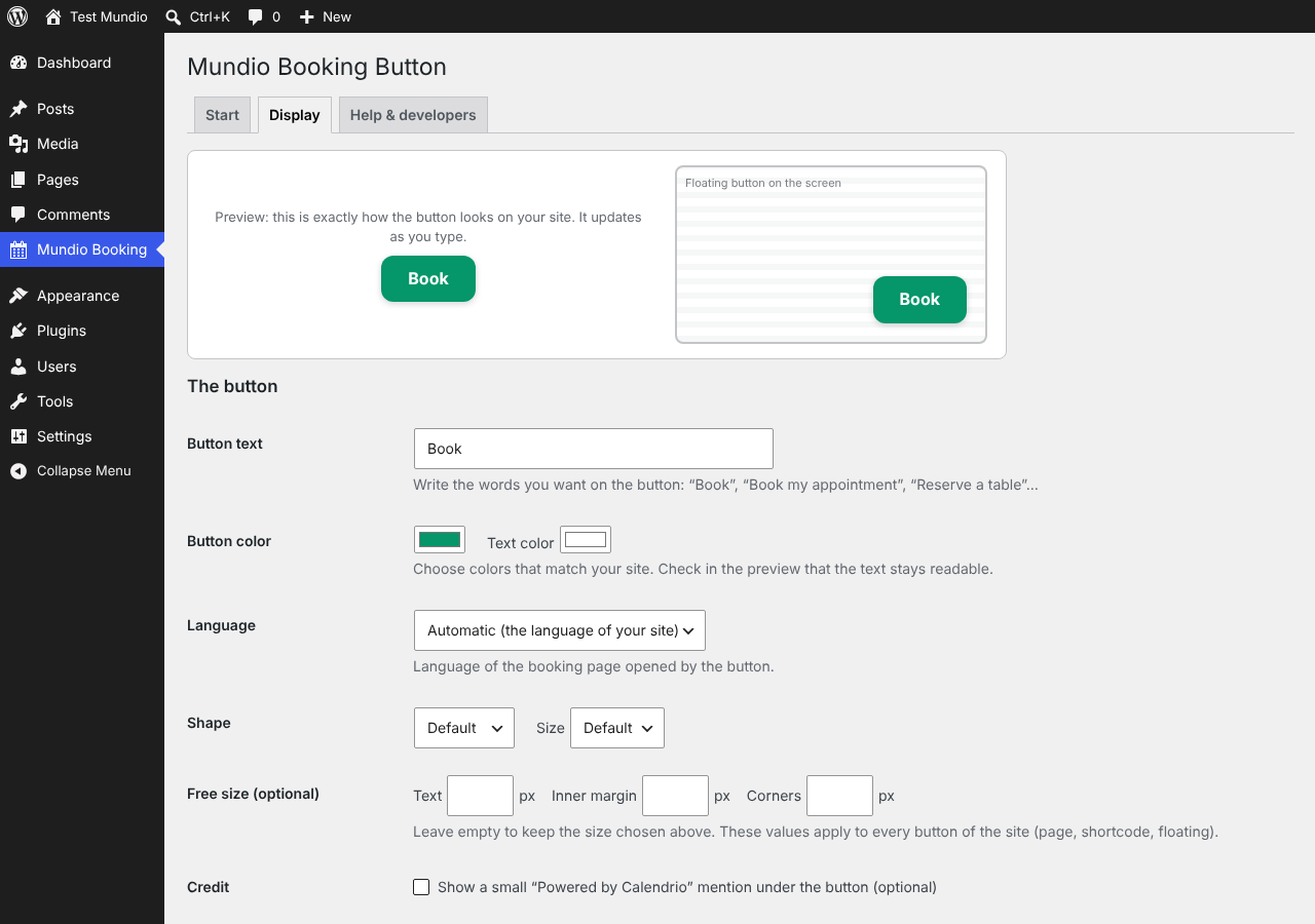 Display tab: text, color, language, shape, size and position of the button.