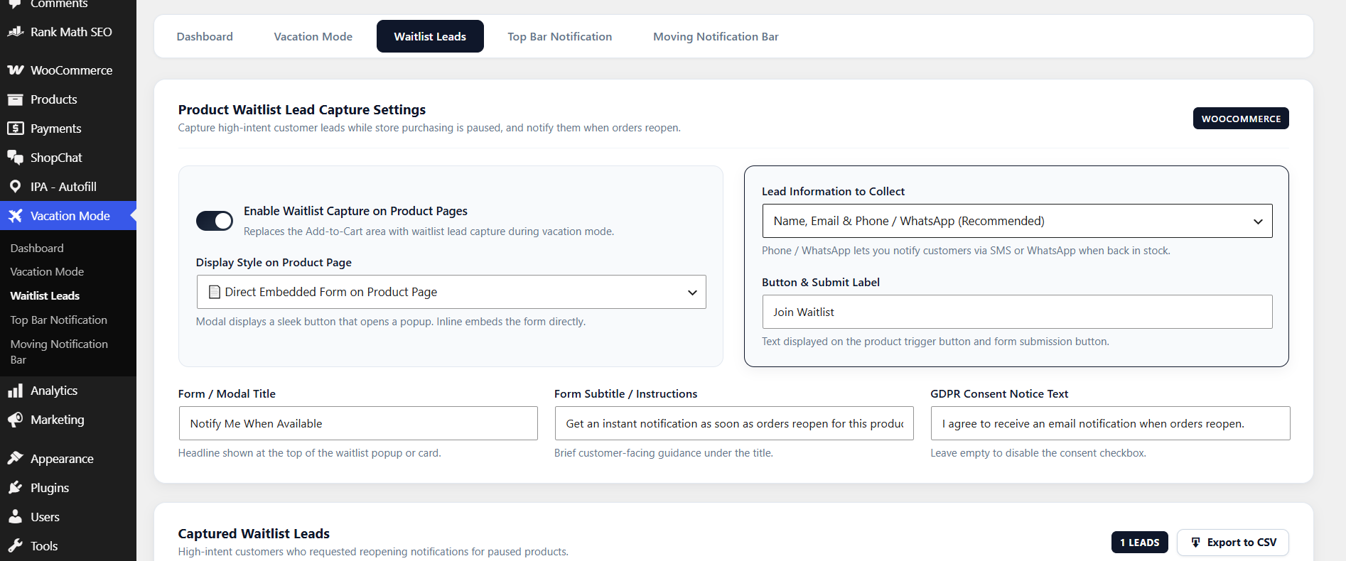 Vacation Mode schedule and storefront notice settings.
