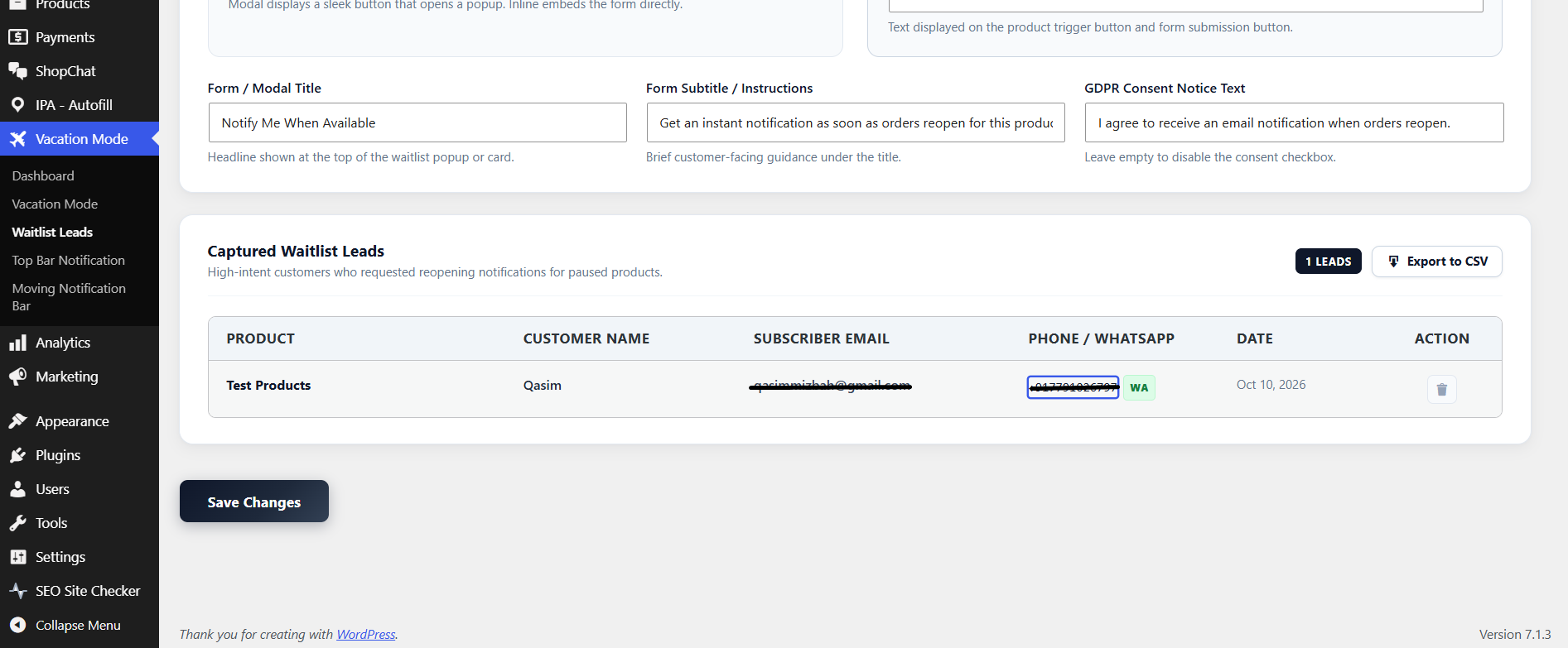 Product Waitlist leads capture list.