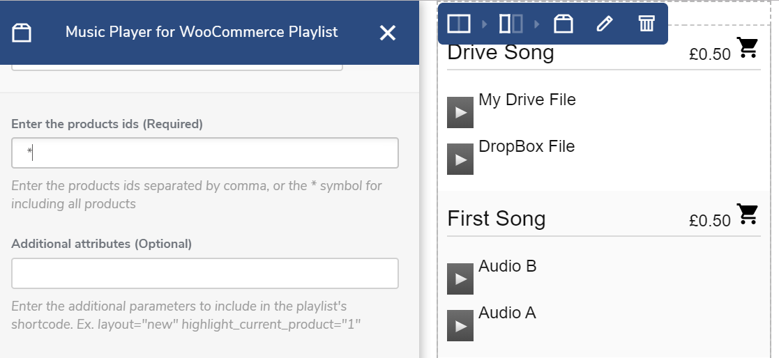 Inserting the playlist Visual Composer