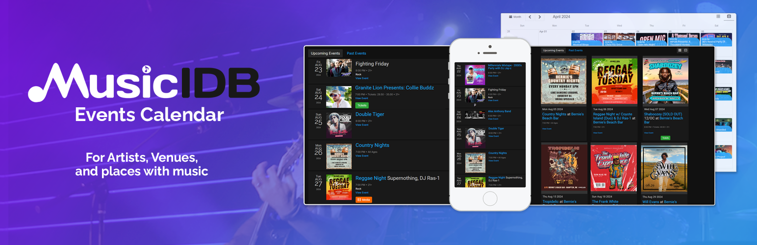 WordPress 外掛 MusicIDB Events Calendar 的封面圖片。
