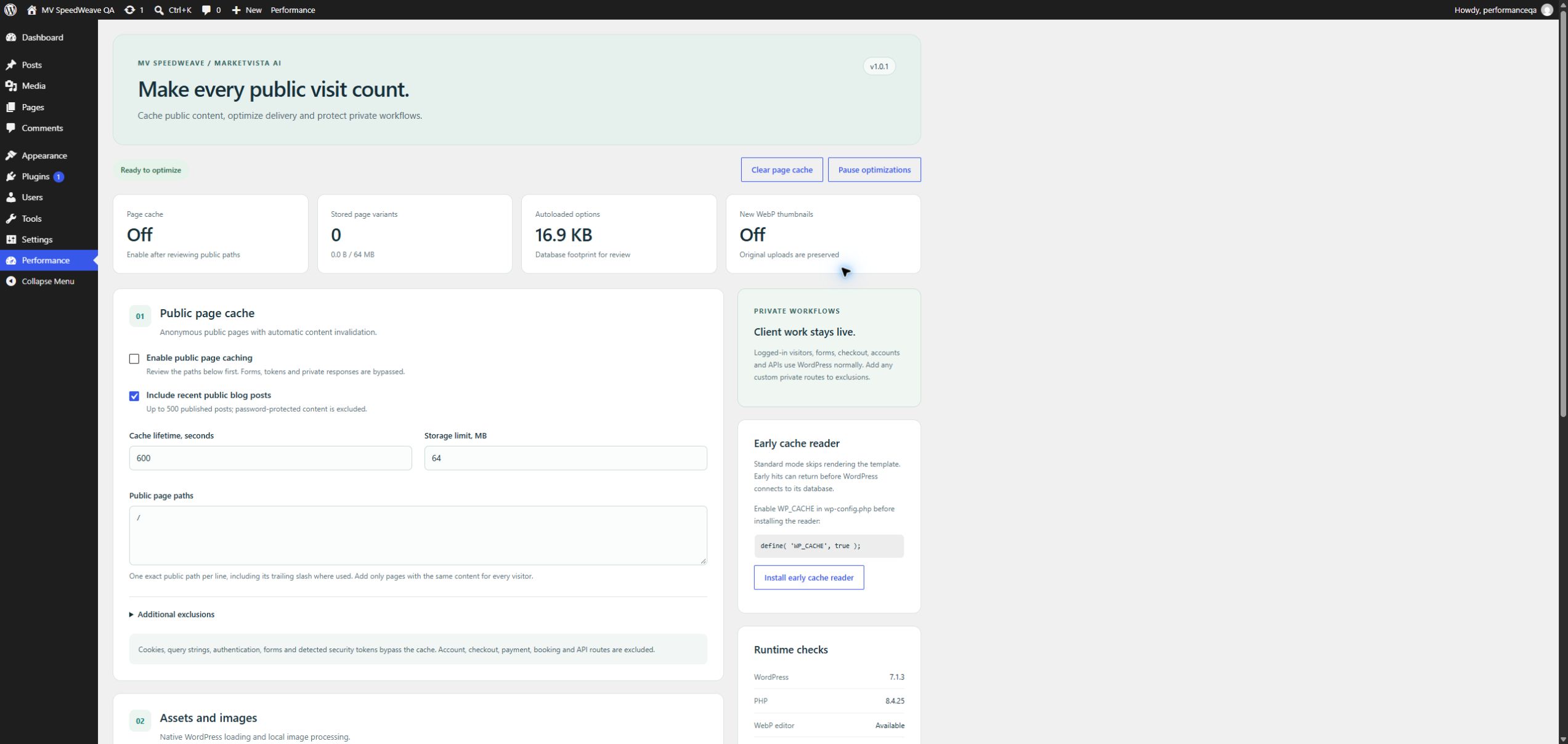 Performance dashboard with public cache, native image controls and private-route exclusions.