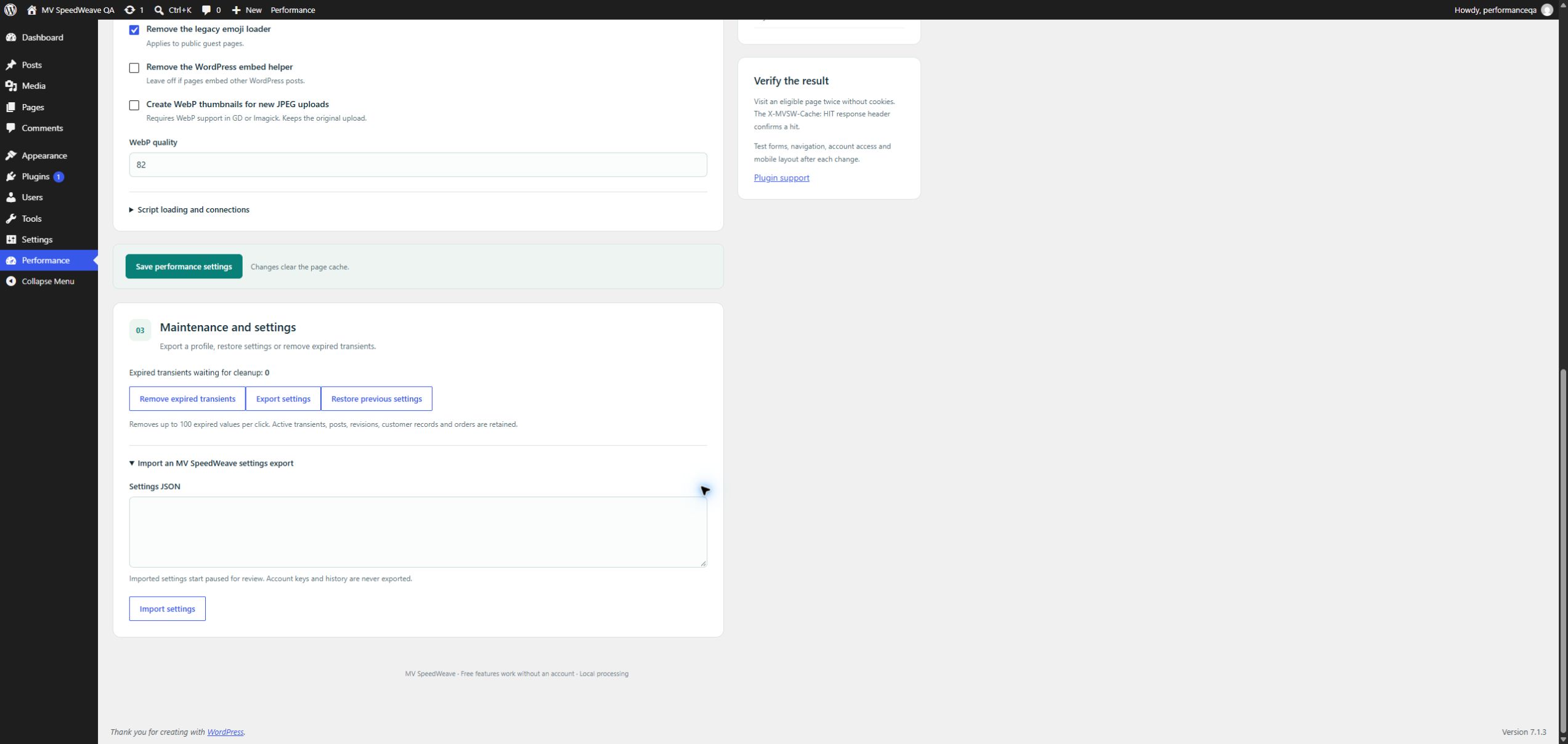 Settings export, import and restoration controls.