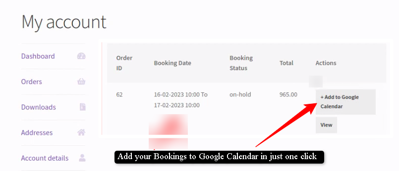 Add Booking to Google Calendar (My Account Tab)