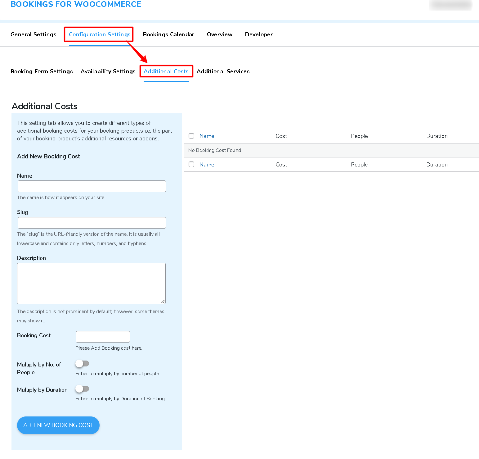 Configuration settings Tab (Additional Cost  Settings)