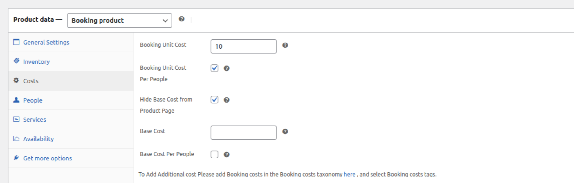 Product Data (Cost settings tab)