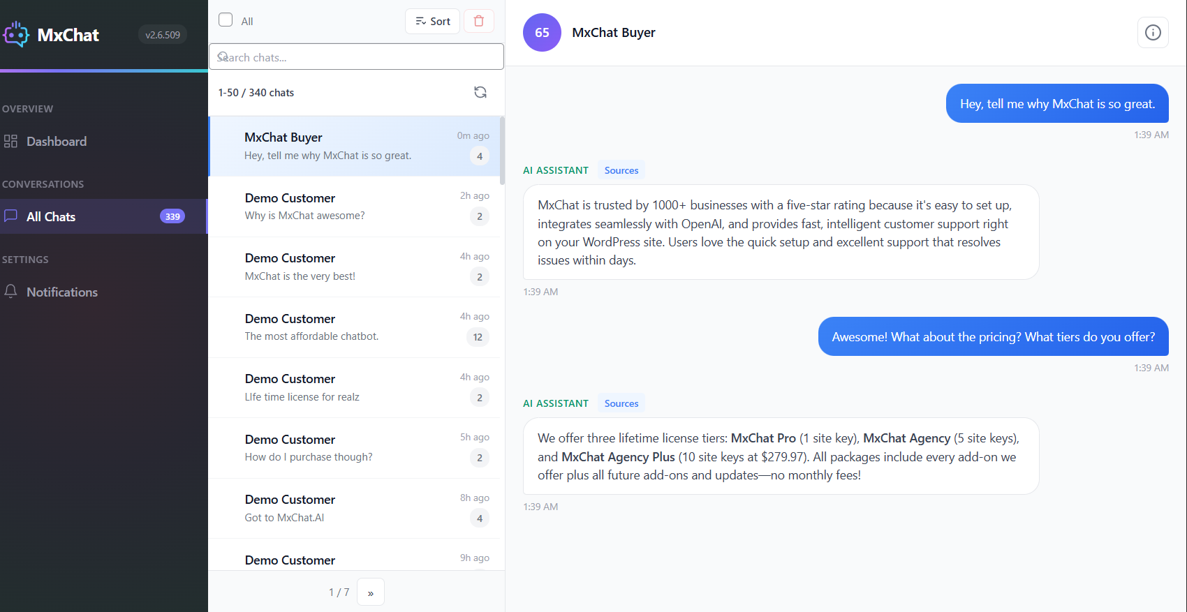 <strong>Chat Transcripts Insights</strong> - Review and analyze conversations insights to see engagement rate, peak activity, and user distribution.
