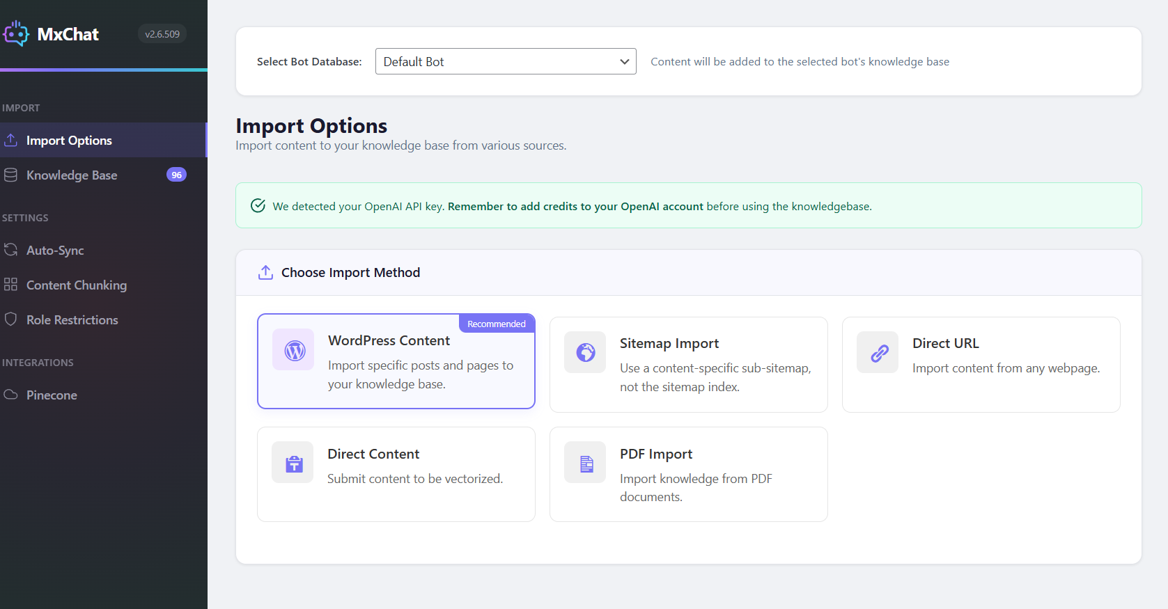 <strong>Knowledge & Sitemap Submission</strong> - Submit custom content to enhance the chatbot's responses.