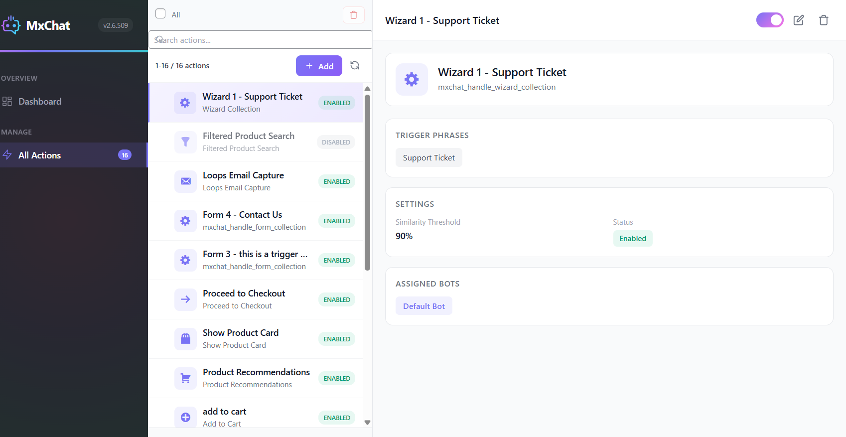 <strong>Action Page</strong> - Set custom action triggers to complete specific actions.