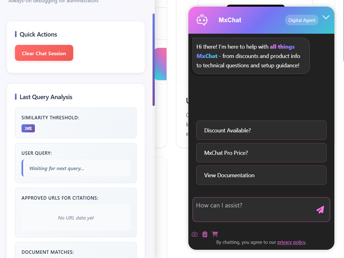 <strong>MxChat Debug Panel</strong> - Easily debug and view your content matching scores, citation URLs, triggered actions and more.