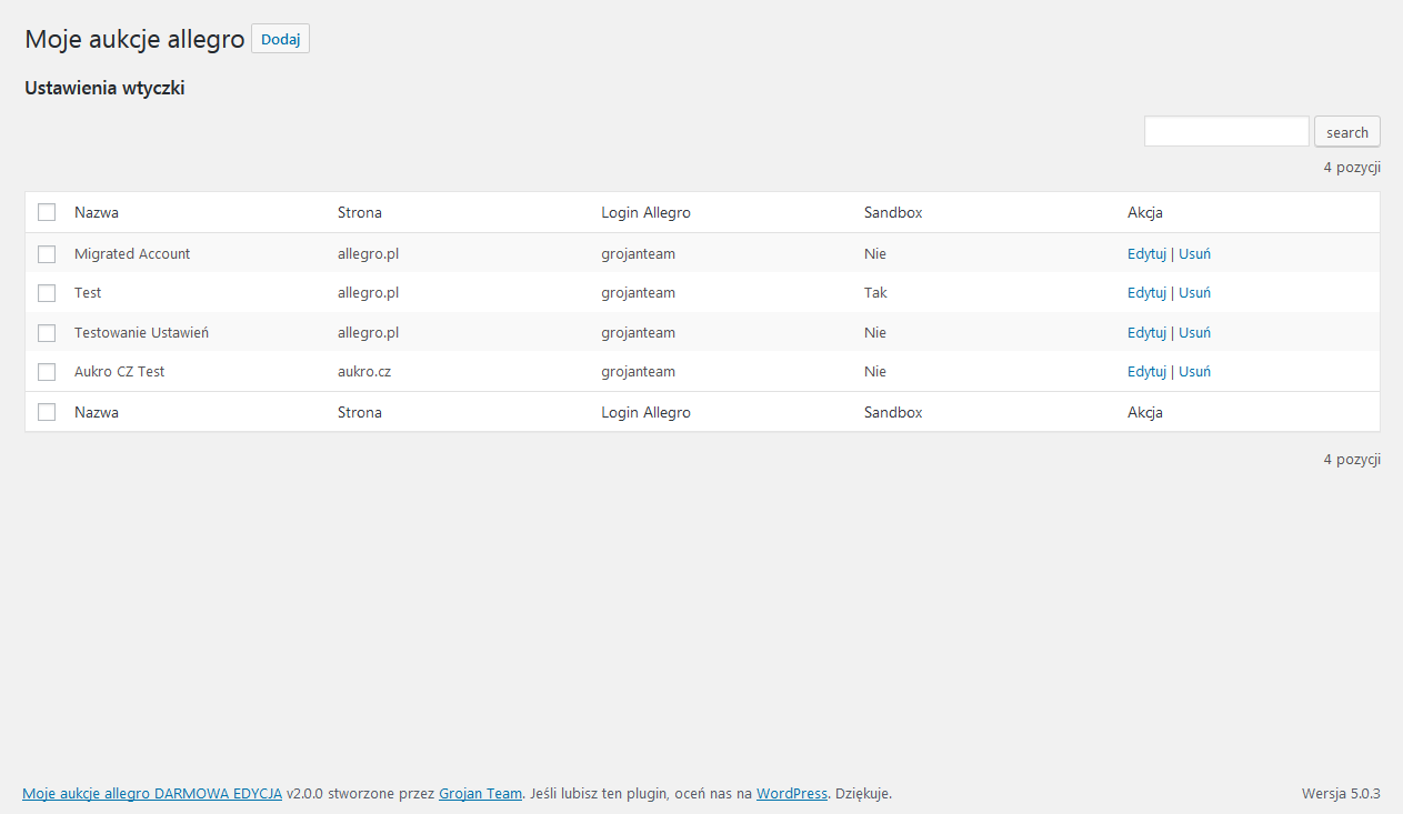 Plugin Settings Table