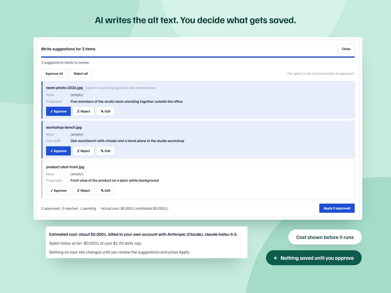 AI Bulk Fix, entirely optional. Each proposed alt text is shown next to what is there now — approve, reject or edit it, and only what you approved is saved. The estimated cost is shown before anything runs.