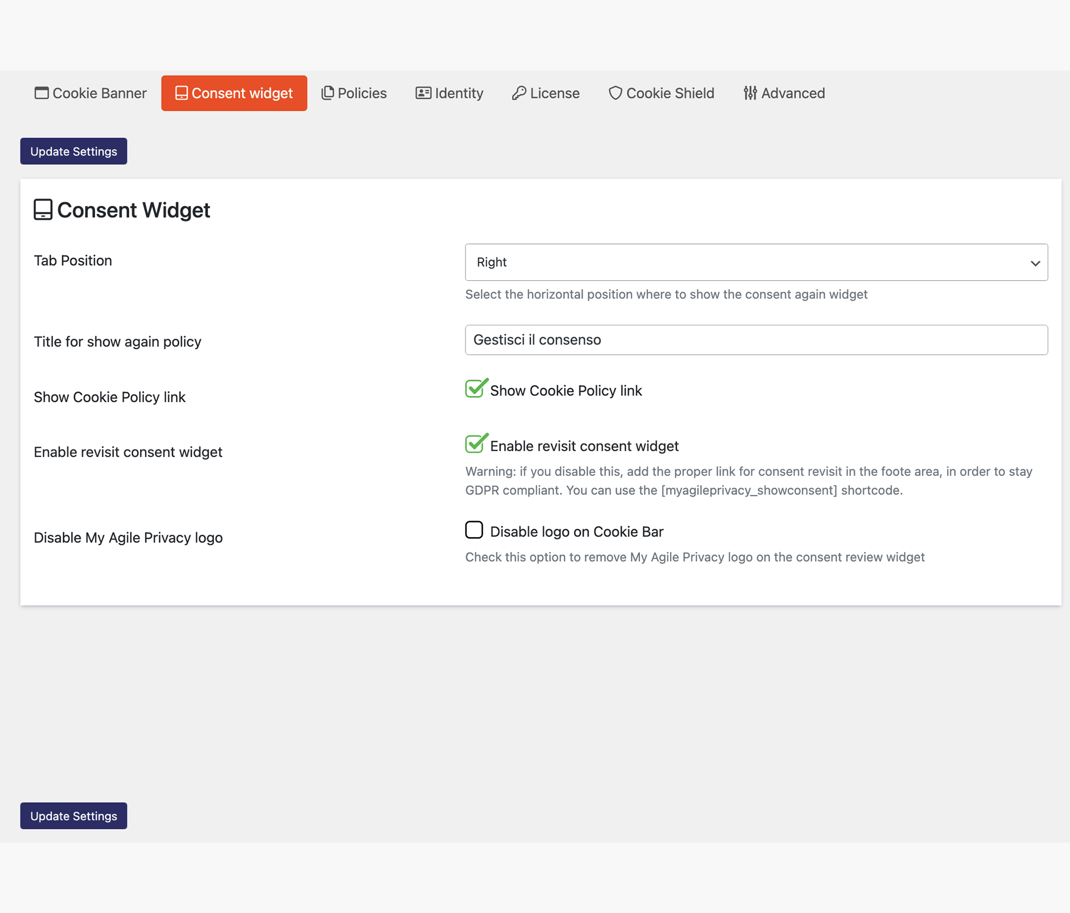 Consent Widget settings