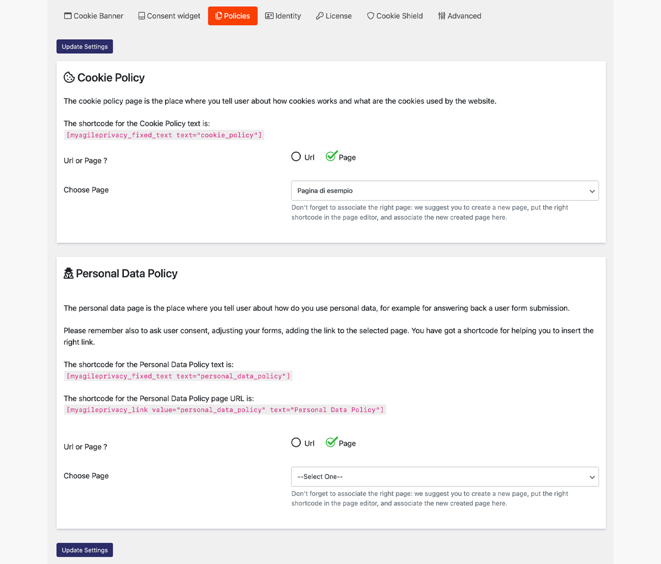 Policies settings