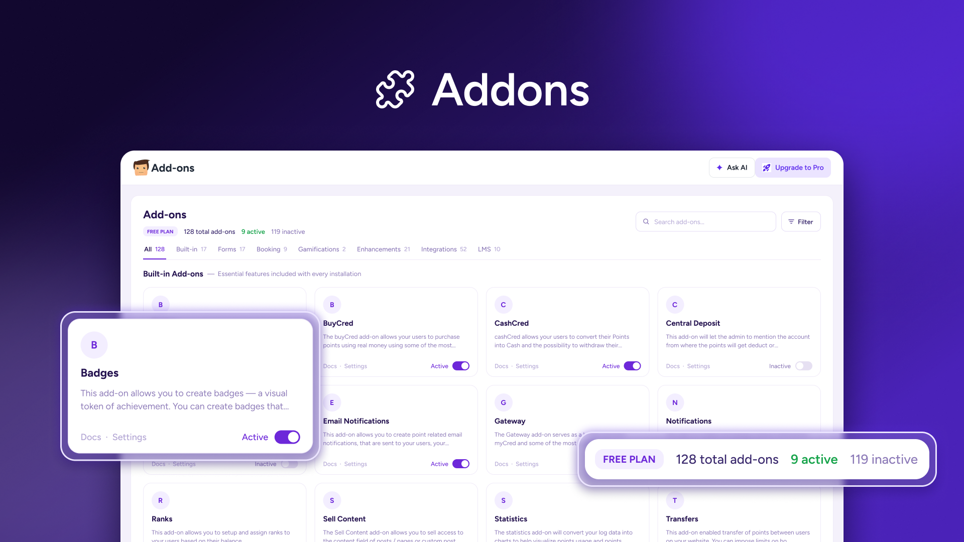 Built-in Addons - Built-in addons enhancing myCred rewards plugin with badges, loyalty, and points features.